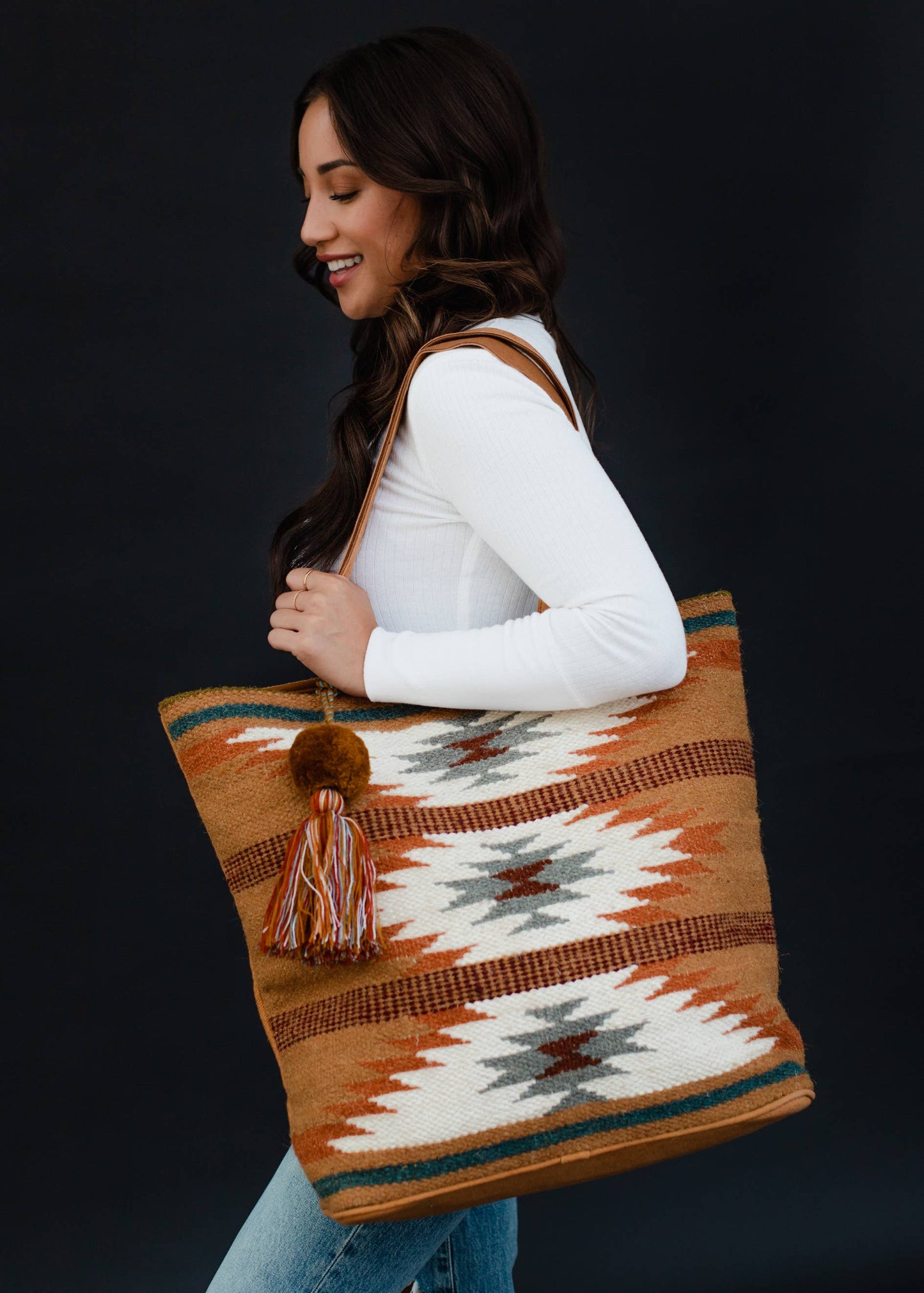 BROWN, RUST + TEAL AZTEC TOTE