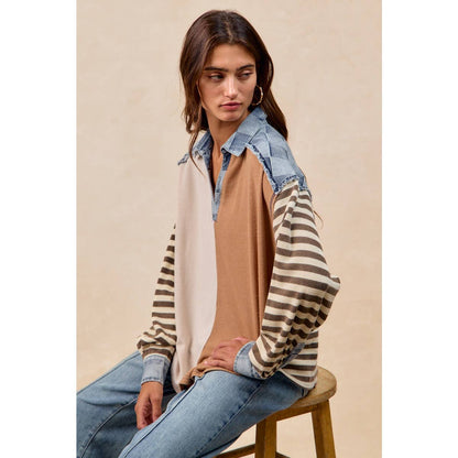 CUT EDGE CHECKER DENIM WAFFLE MIX AND MATCH TOP: OATMEAL/LATTE / L