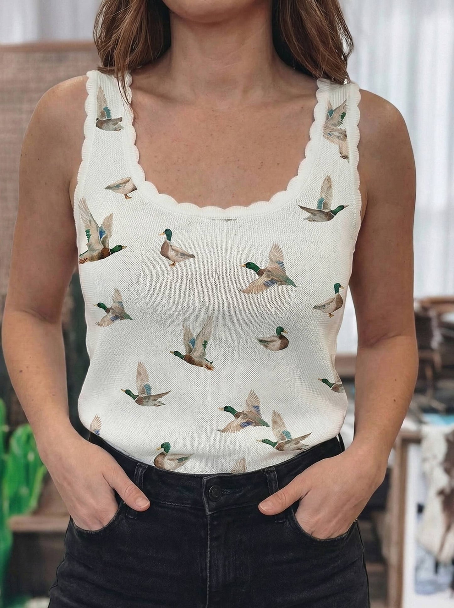 fashionworks - Western Retro Floral Print Scallope Knit Sweater Vest (S-4X): Mallard-Patterned / XL