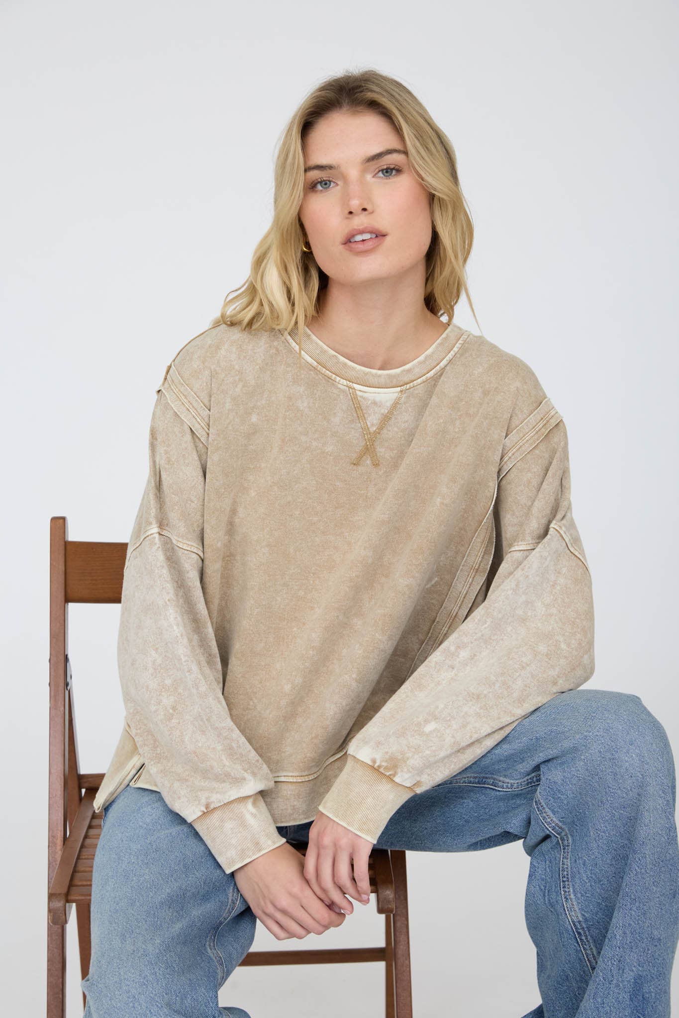 Blu Pepper - ACID WASH LONG SLEEVE SIDE SLIT KNIT TOP: INDIGO BLUE