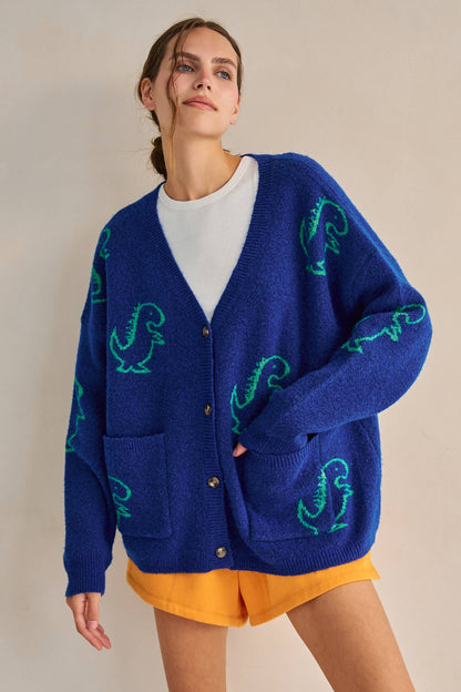 JADE BY JANE - DINOSAUR PATTERN KNIT CARDIGAN: BLACK / S/M