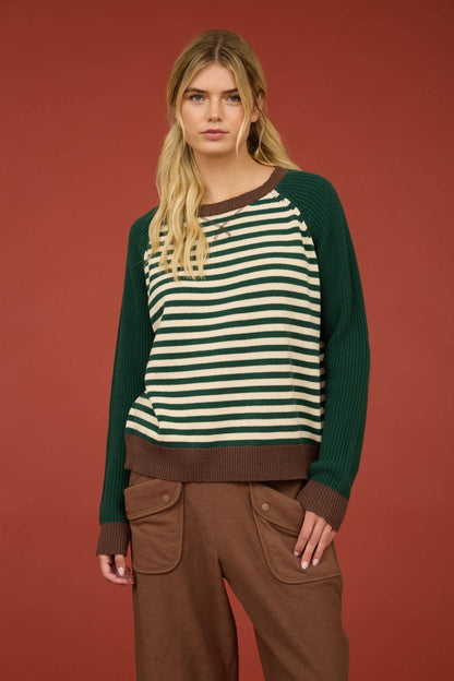 HUNTER GREEN STRIPED COLORBLOCK RAGLAN LONG SLEEVE CREW SWEATER