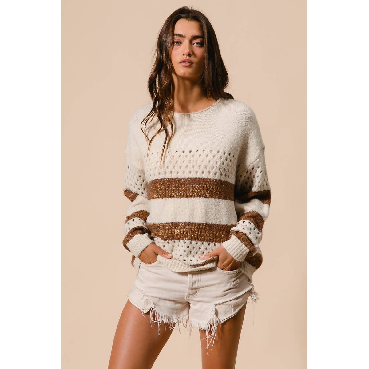 BiBi - STRIPE PATTERNED SWEATER TOP: IVORY/BROWN / M