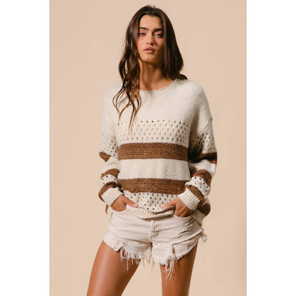 BiBi - STRIPE PATTERNED SWEATER TOP: IVORY/BROWN / M