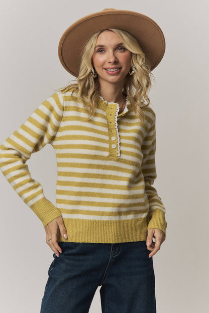 VINTAGE STRIPED HENLEY KNIT SWEATER: MUSTARD