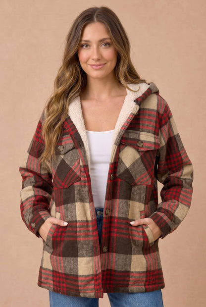 Haptics - Plaid Button Up Jacket With Fur Lined Hood: WINE / S