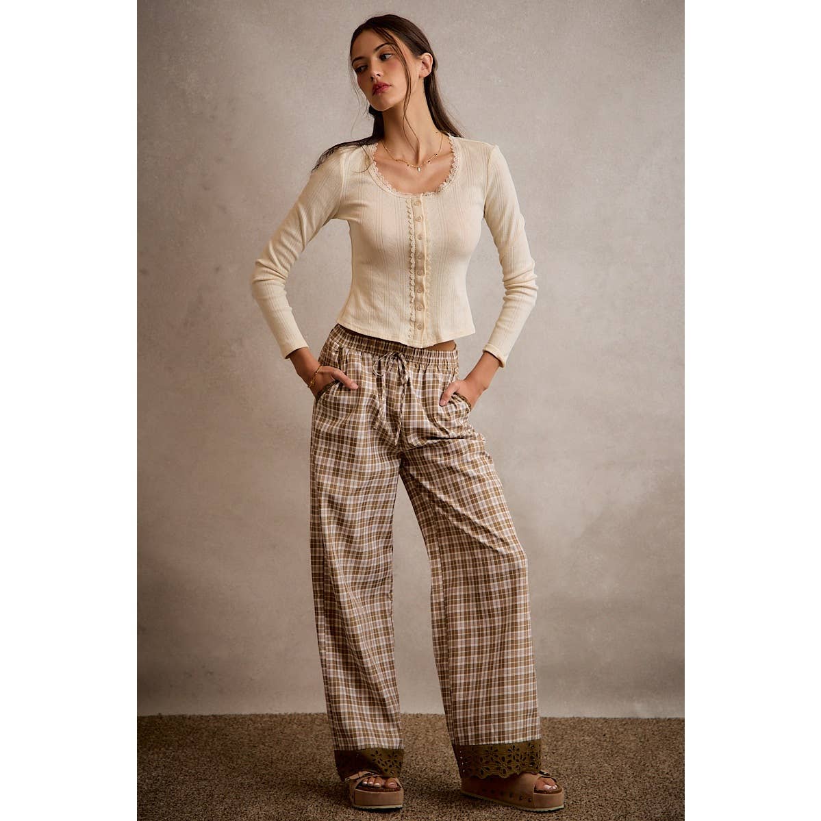 PLAID CHECK WIDE LEG PULL ON WIDE LEG PANTS WITH LACE
