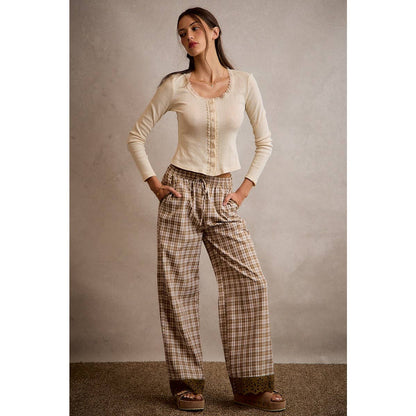 PLAID CHECK WIDE LEG PULL ON WIDE LEG PANTS WITH LACE