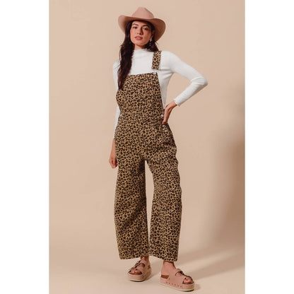 LEOPARD TWILL SLOUCHY BARREL OVERALLS JUMPSUIT