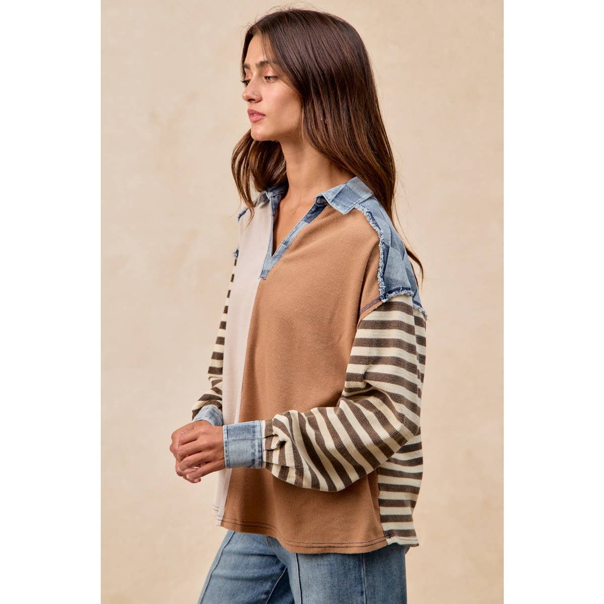 CUT EDGE CHECKER DENIM WAFFLE MIX AND MATCH TOP: OATMEAL/LATTE / L