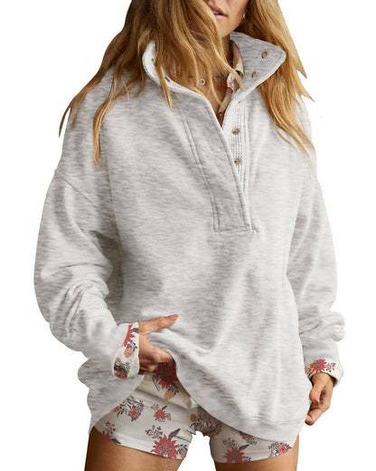 Lovesoft - Solid Fleece Sweatshirt Casual Oversized Snap Collar: Light Gray / 65%Polyester+30%Viscose   +5%Elastane / S