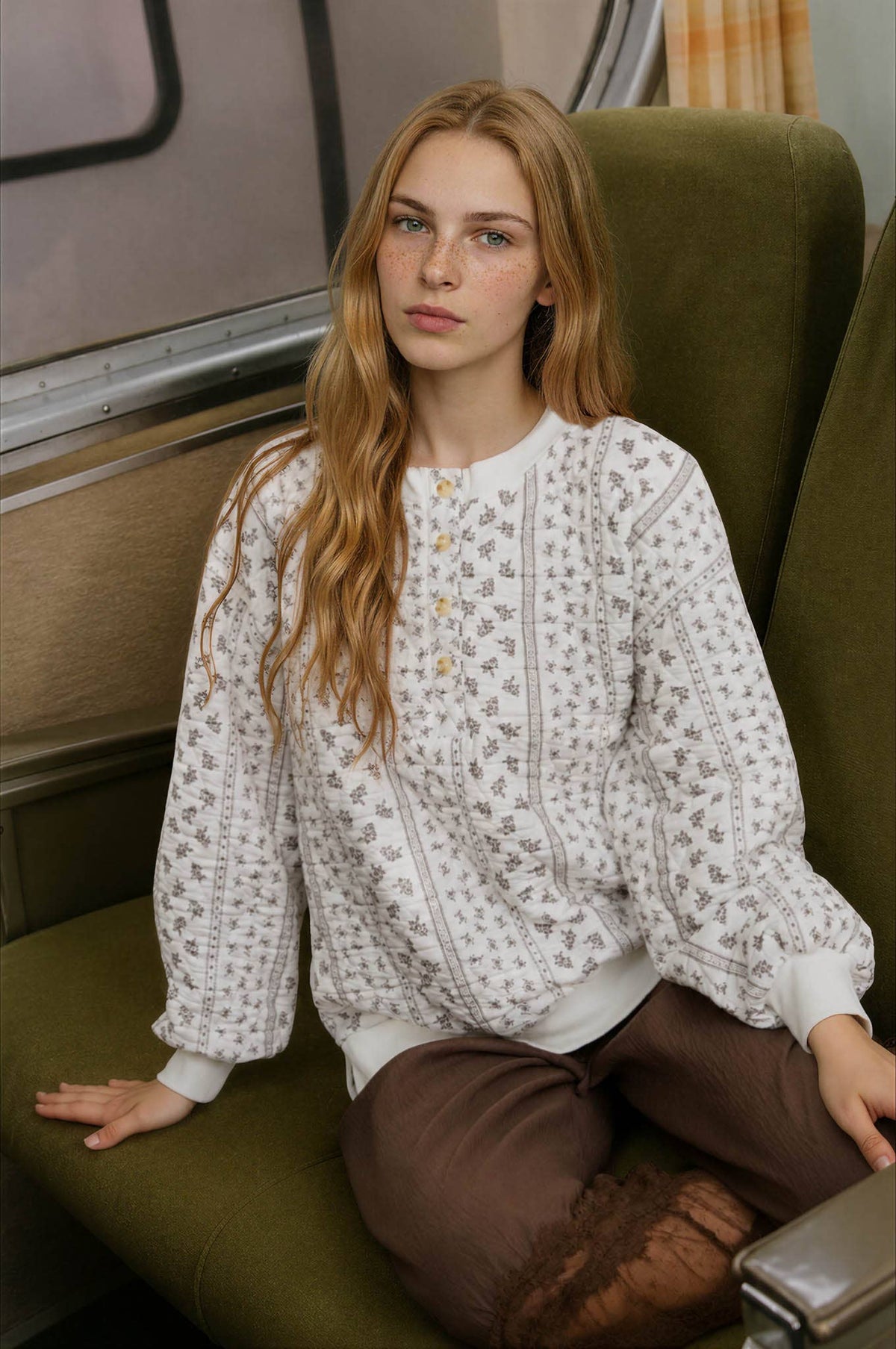 Blu Pepper - FLORAL STRIPE HENLEY QUILTED JACKET: CREAM