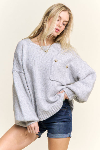 ADORA LA - CESW3943- ROUND NECK LONG SLEEVES KNIT SWEATER: H GREY / S-M-L(2-2-2)