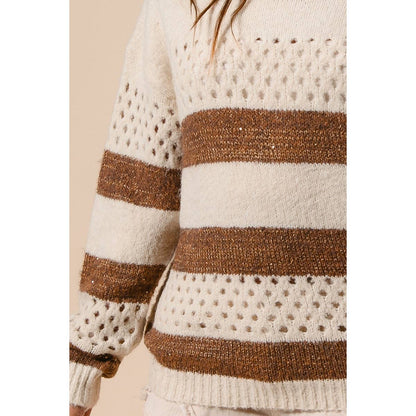 BiBi - STRIPE PATTERNED SWEATER TOP: IVORY/BROWN / M