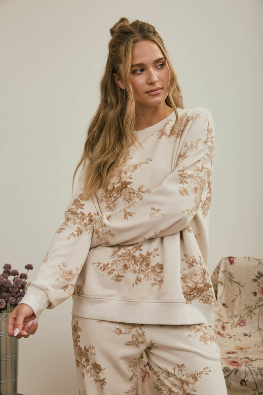 FLORAL TOILE LONG SLEEVE CREW NECK KNIT TOP
