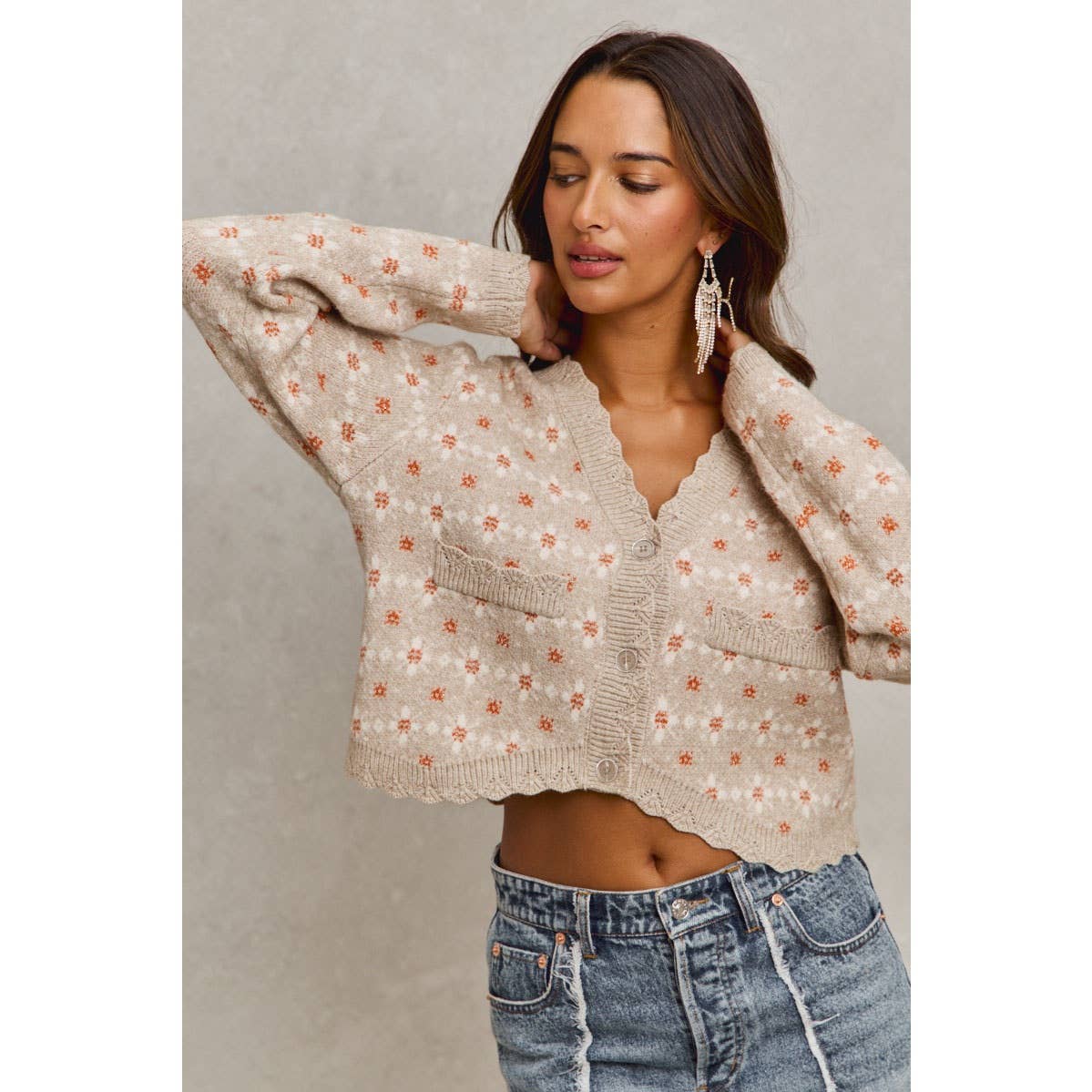 FLORAL PATTERNED BUTTON DOWN SWEATER CARDIGAN