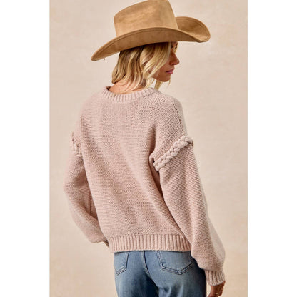 CABLE KNIT SWEATER TOP WITH SHOULDER BRAID DETAIL