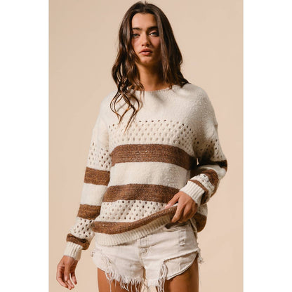 BiBi - STRIPE PATTERNED SWEATER TOP: IVORY/BROWN / M