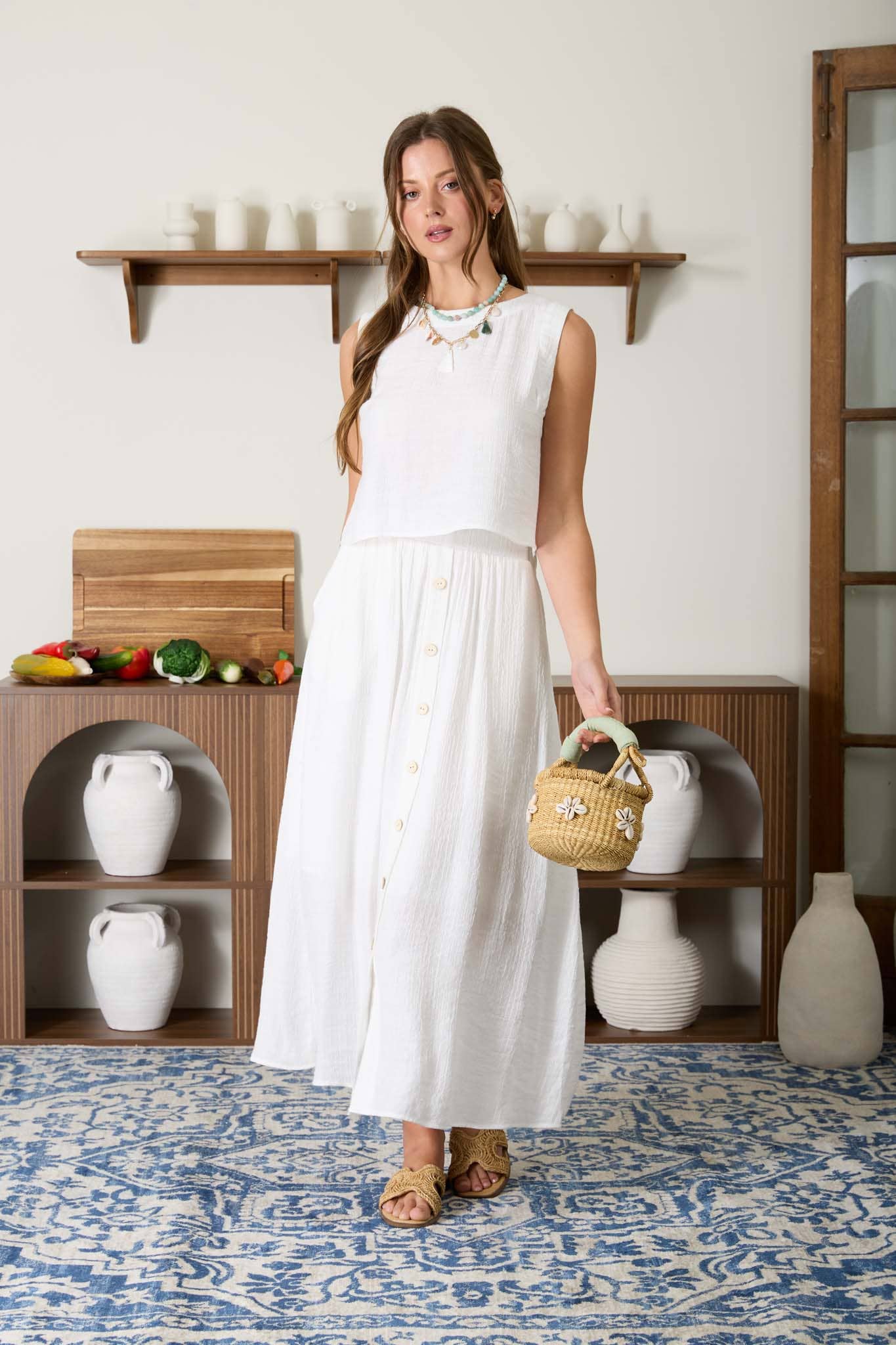 TEXTURED FRONT BUTTON DETAIL MIDI SKIRT