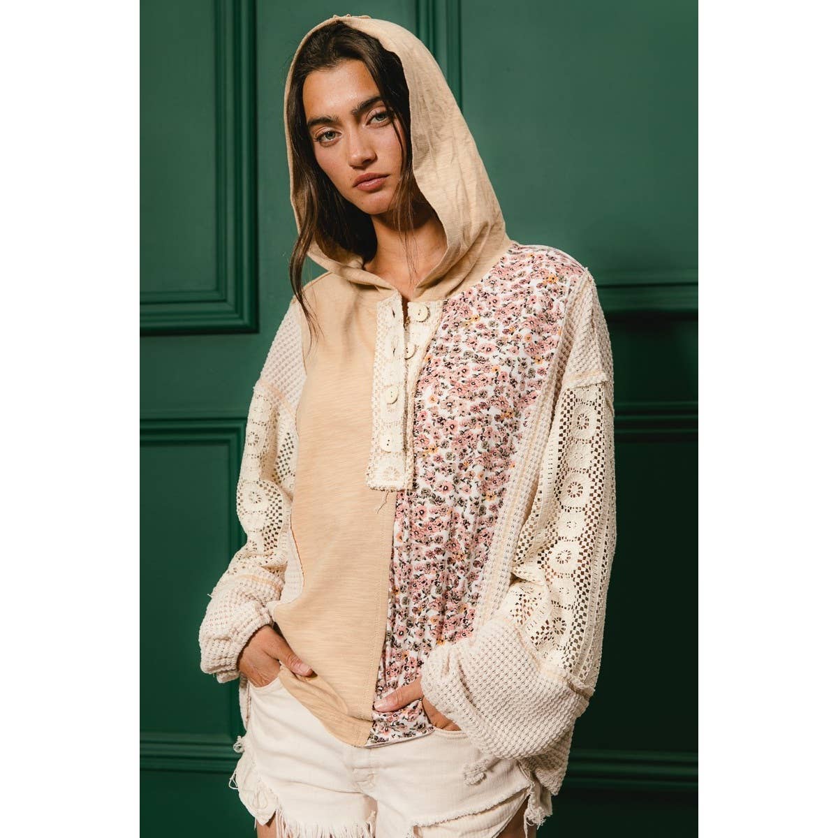 SLUB JERSEY WITH LACE COMBO BUTTONED HOODIE TOP