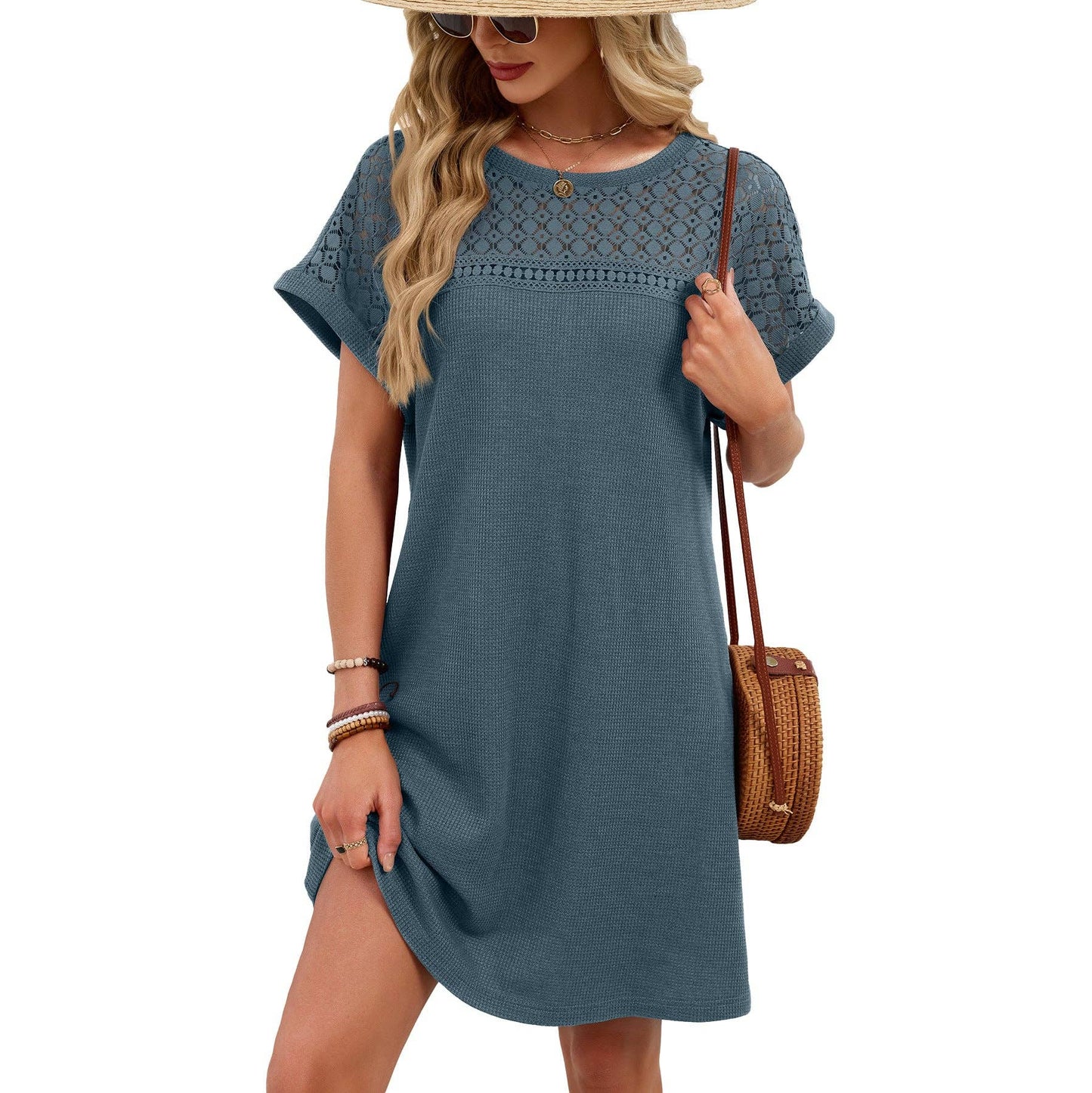 Lovesoft - Lace Patchwork Casual Short Sleeve Loose Summer Dress: Navy Blue / 65%Rayon 30%Polyester 5%Spandex / S