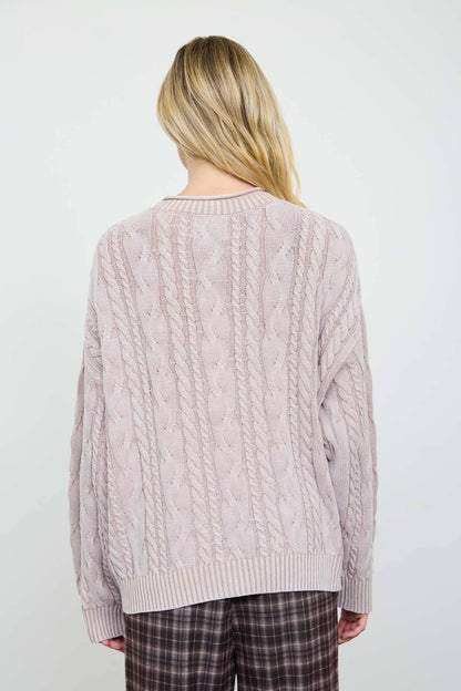 Blu Pepper - WASHED PATTERN CABLE KNIT BUTTON DOWN CARDIGAN: LIGHT KHAKI