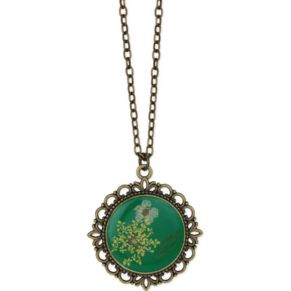 ZAD - Antique Gold Dried Flower Green Cameo Necklace