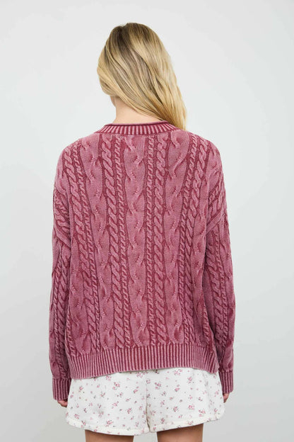 Blu Pepper - WASHED PATTERN CABLE KNIT BUTTON DOWN CARDIGAN: LIGHT KHAKI