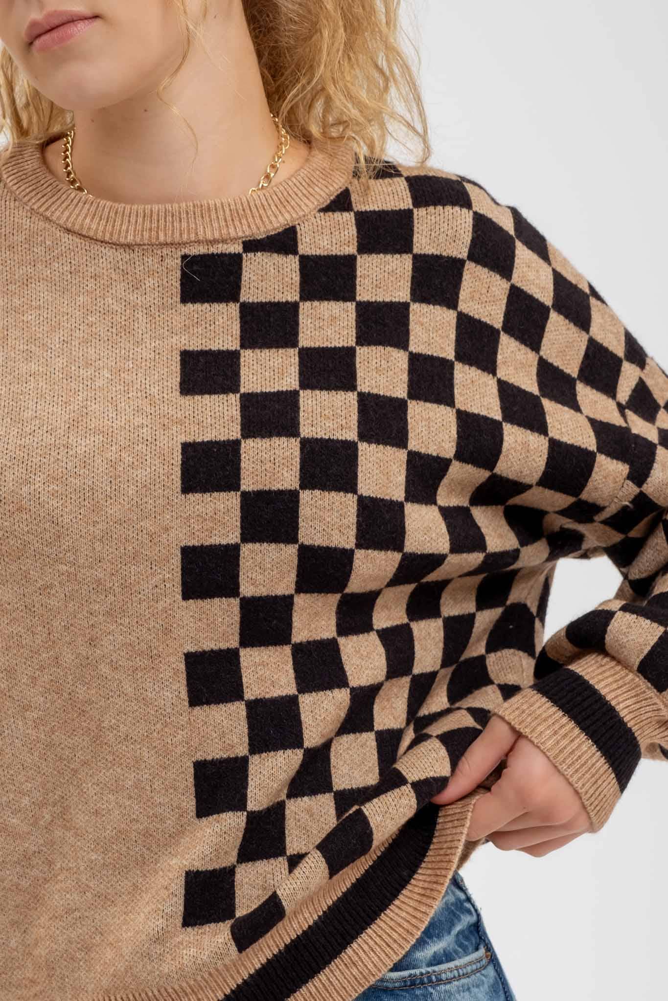 COLORBLOCK CHECKERED CREWNECK KNIT SWEATER