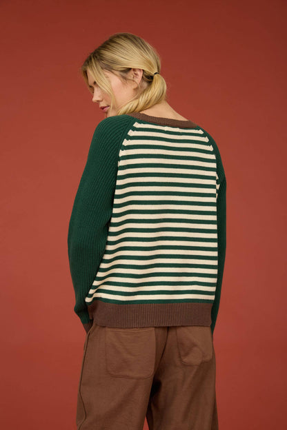 HUNTER GREEN STRIPED COLORBLOCK RAGLAN LONG SLEEVE CREW SWEATER