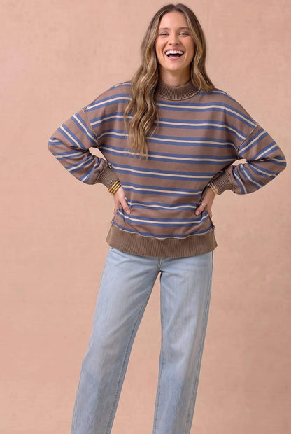 Haptics - Striped Mock Neck Balloon Sleeve Knit Top: MOCHA / L