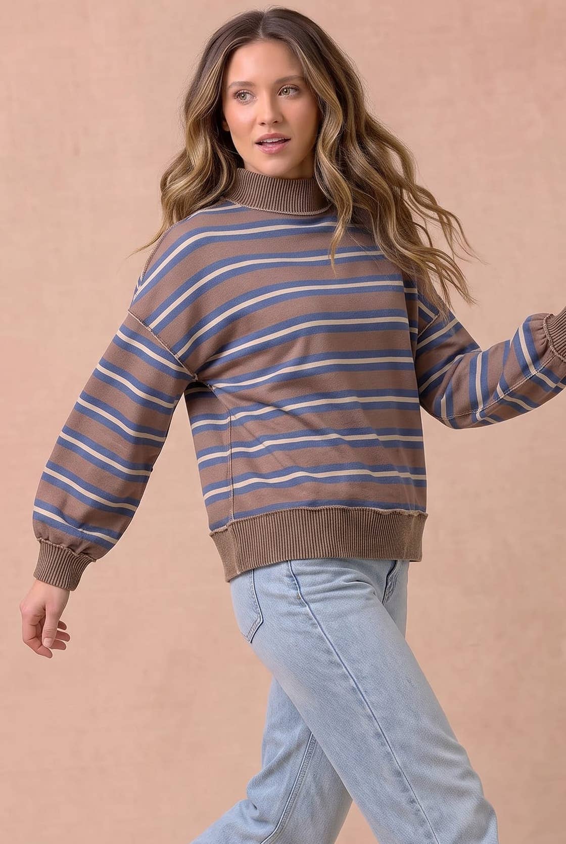 Haptics - Striped Mock Neck Balloon Sleeve Knit Top: MOCHA / S