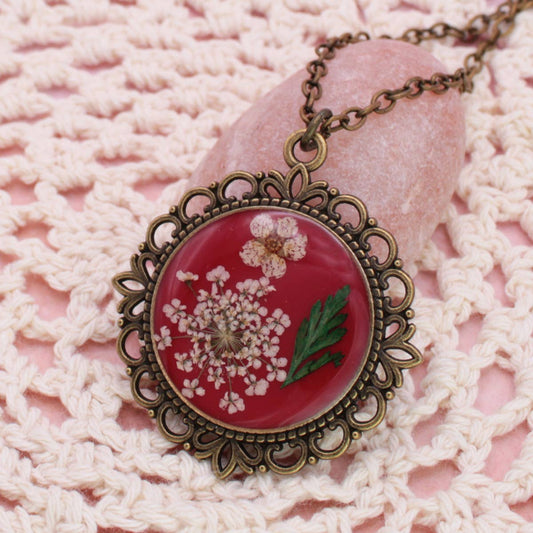 ZAD - Antique Gold Dried Flower Red Cameo Necklace