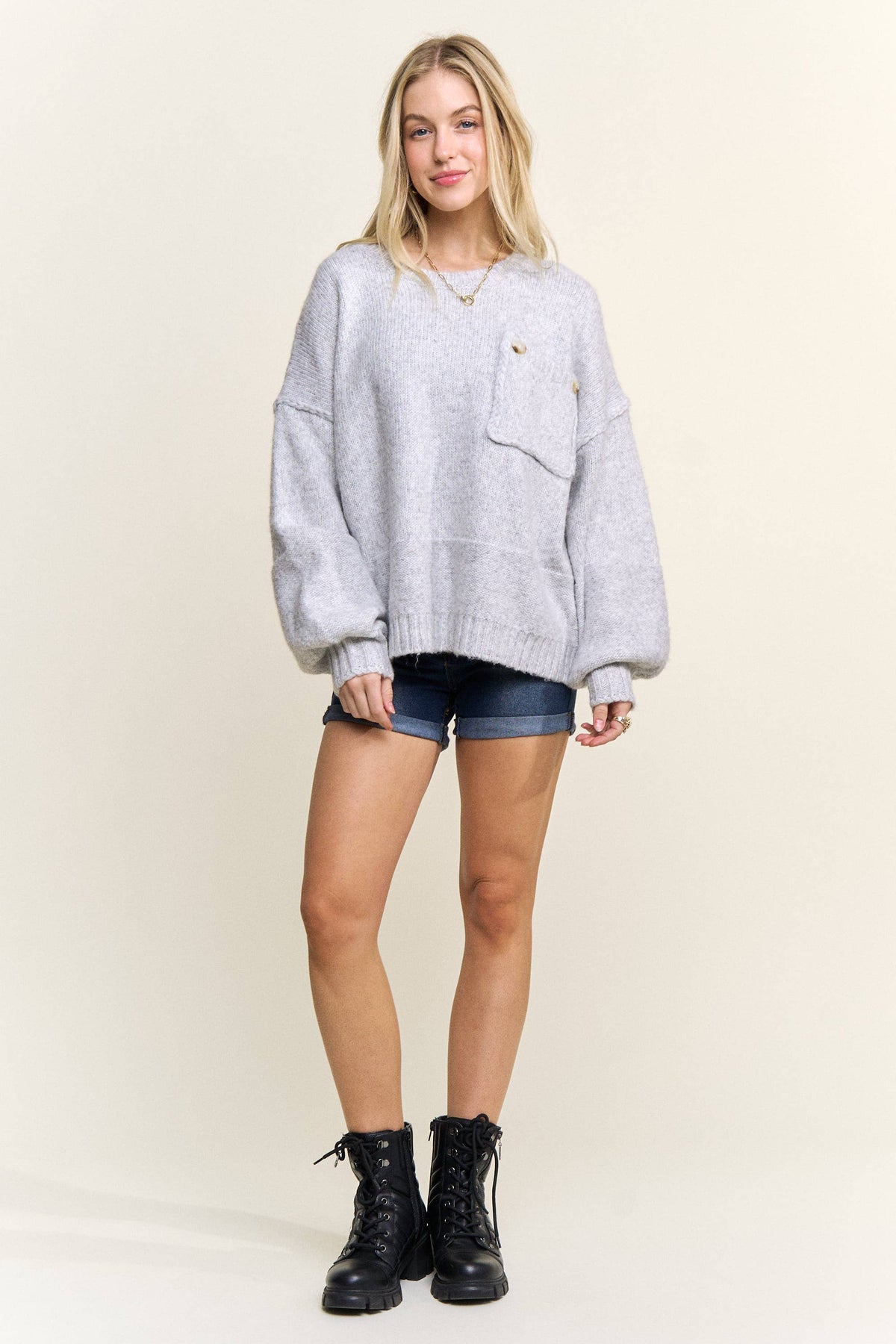 ADORA LA - CESW3943- ROUND NECK LONG SLEEVES KNIT SWEATER: H GREY / S-M-L(2-2-2)