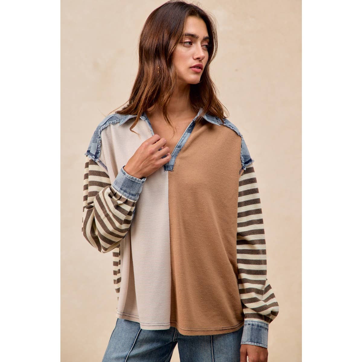 CUT EDGE CHECKER DENIM WAFFLE MIX AND MATCH TOP: OATMEAL/LATTE / L