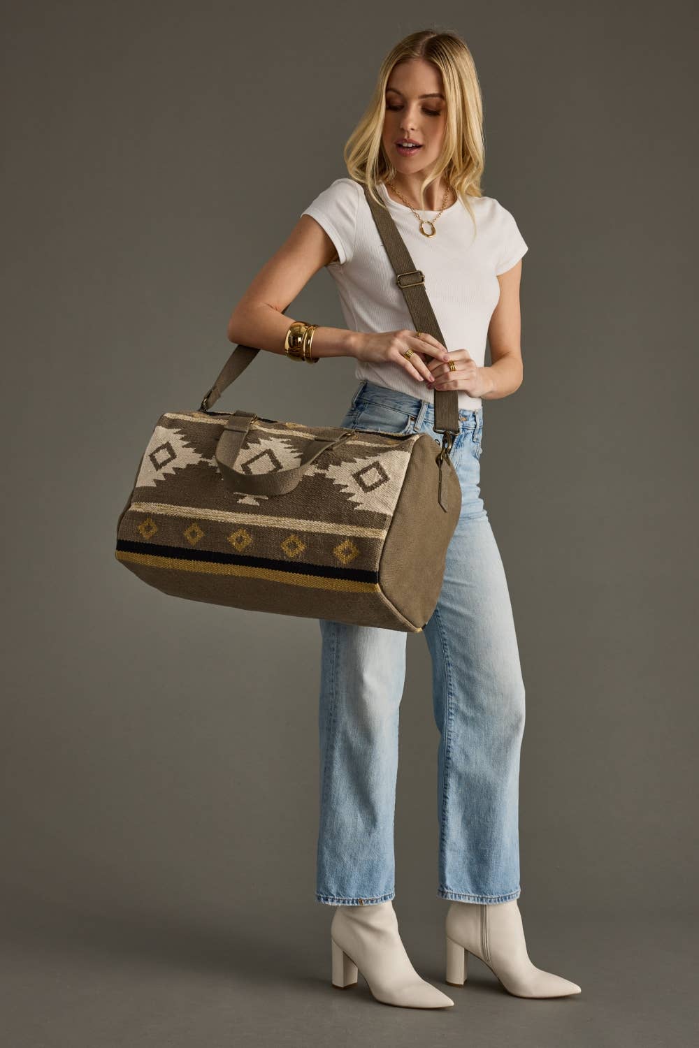 TAUPE, CREAM & TAN AZTEC DUFFEL