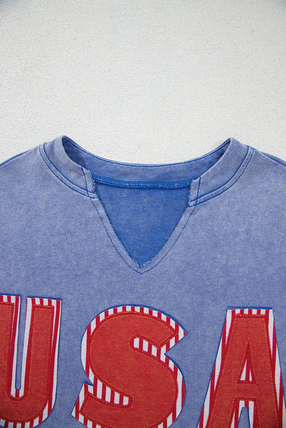 SKY BLUE USA PATCH MINERAL WASH NOTCH VNECK VINTAGE GRAPHIC