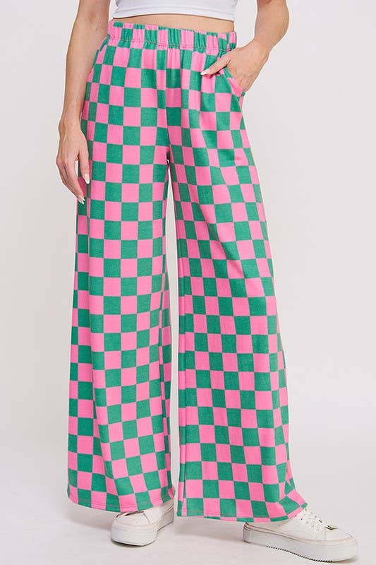 JADE BY JANE - HIGH WAIST CHECKERED STRAIGHT LEG KNIT PANTS: PINK/BROWN / L