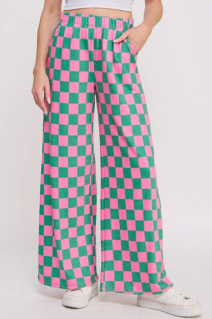 JADE BY JANE - HIGH WAIST CHECKERED STRAIGHT LEG KNIT PANTS: PINK/BROWN / XL