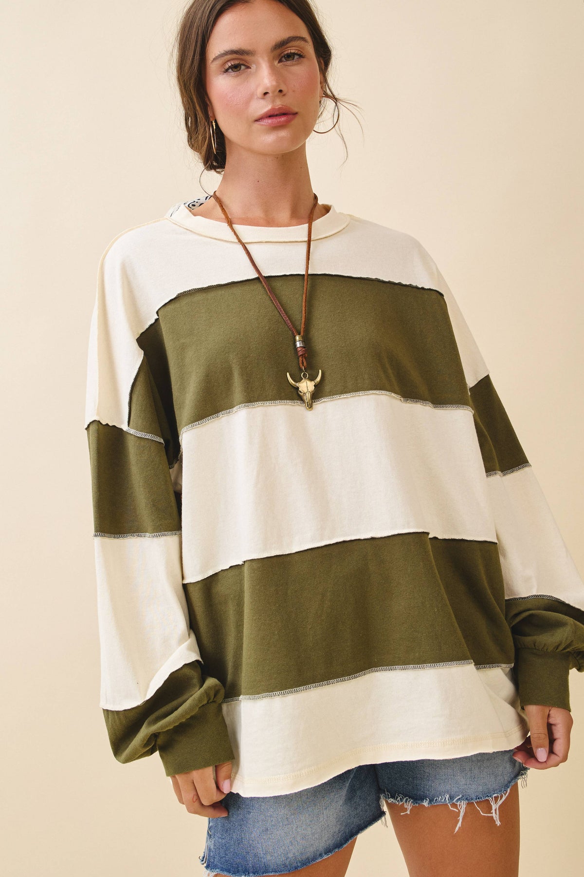 AEMI + CO - 8551GN Oversized Color Block Long Sleeve Pullover: Terracotta Butter / Contemporary / S