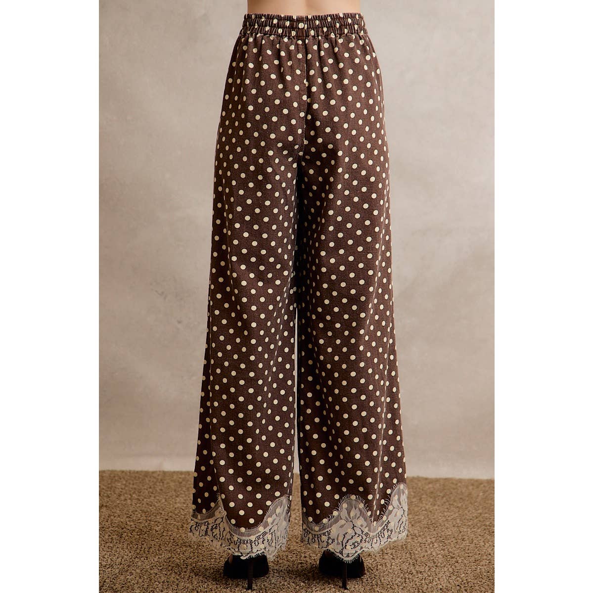LACE TRIM WIDE LEG ELASTIC MID RISE POLKA DOT PANTS: