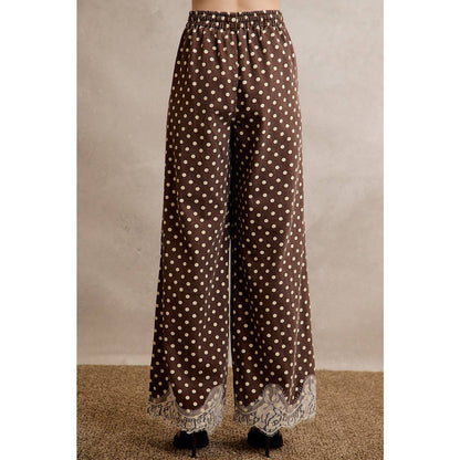 LACE TRIM WIDE LEG ELASTIC MID RISE POLKA DOT PANTS: