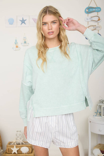 Blu Pepper - ACID WASH LONG SLEEVE SIDE SLIT KNIT TOP: INDIGO BLUE