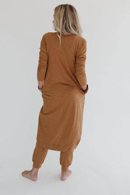 Three Bird Nest - Set to Go Textured Jumpsuit And Cardigan Set - Camel: Ash / M