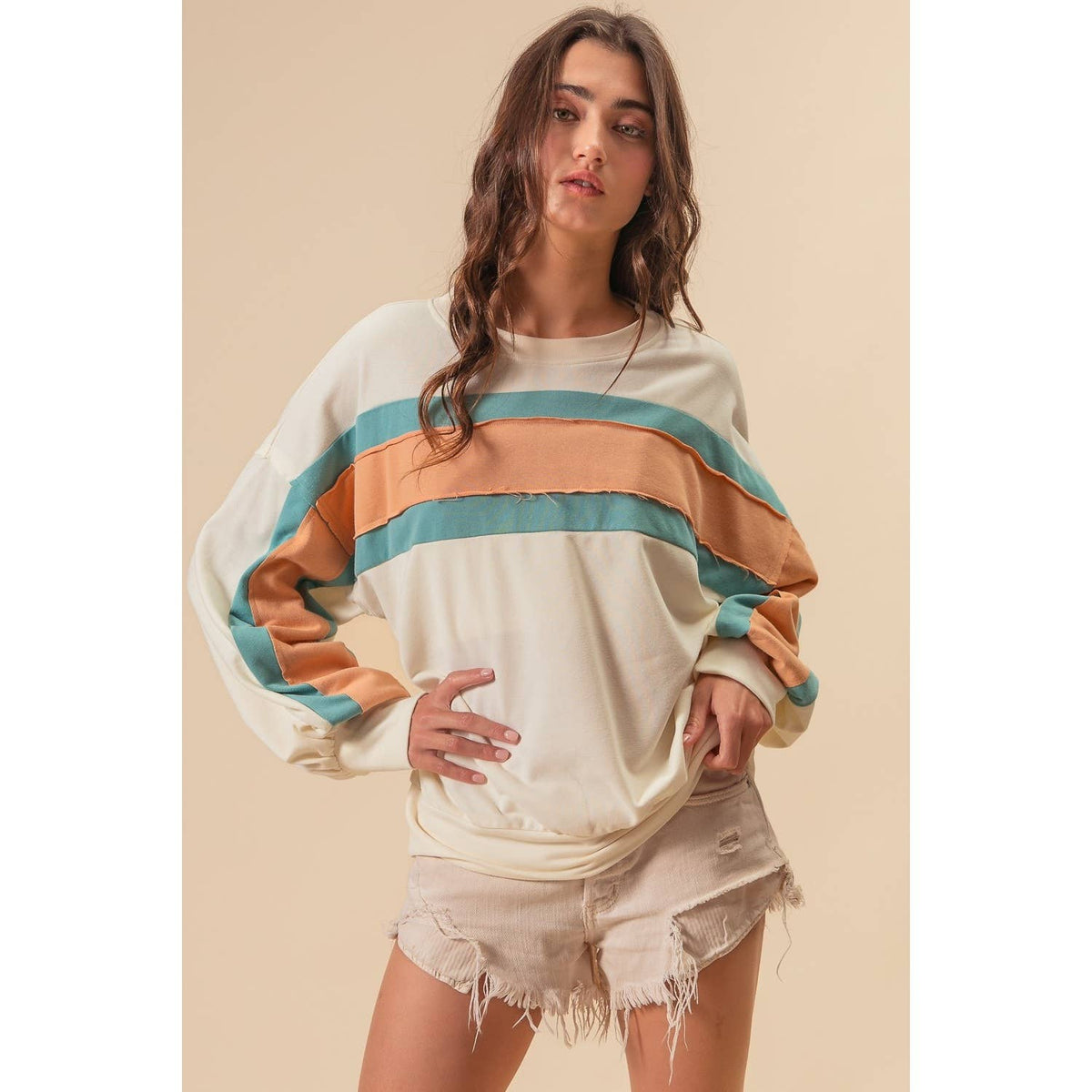 BiBi - FRENCH TERRY COLOR BLOCK SWEATSHIRT: INDIGO/MUSTARD/IVORY / XL