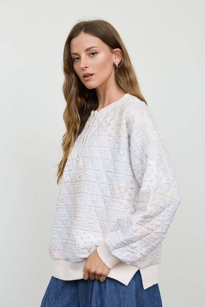 Blu Pepper - MULTI-PATTERN HENLEY QUILTED JACKET: IVORY MULTI