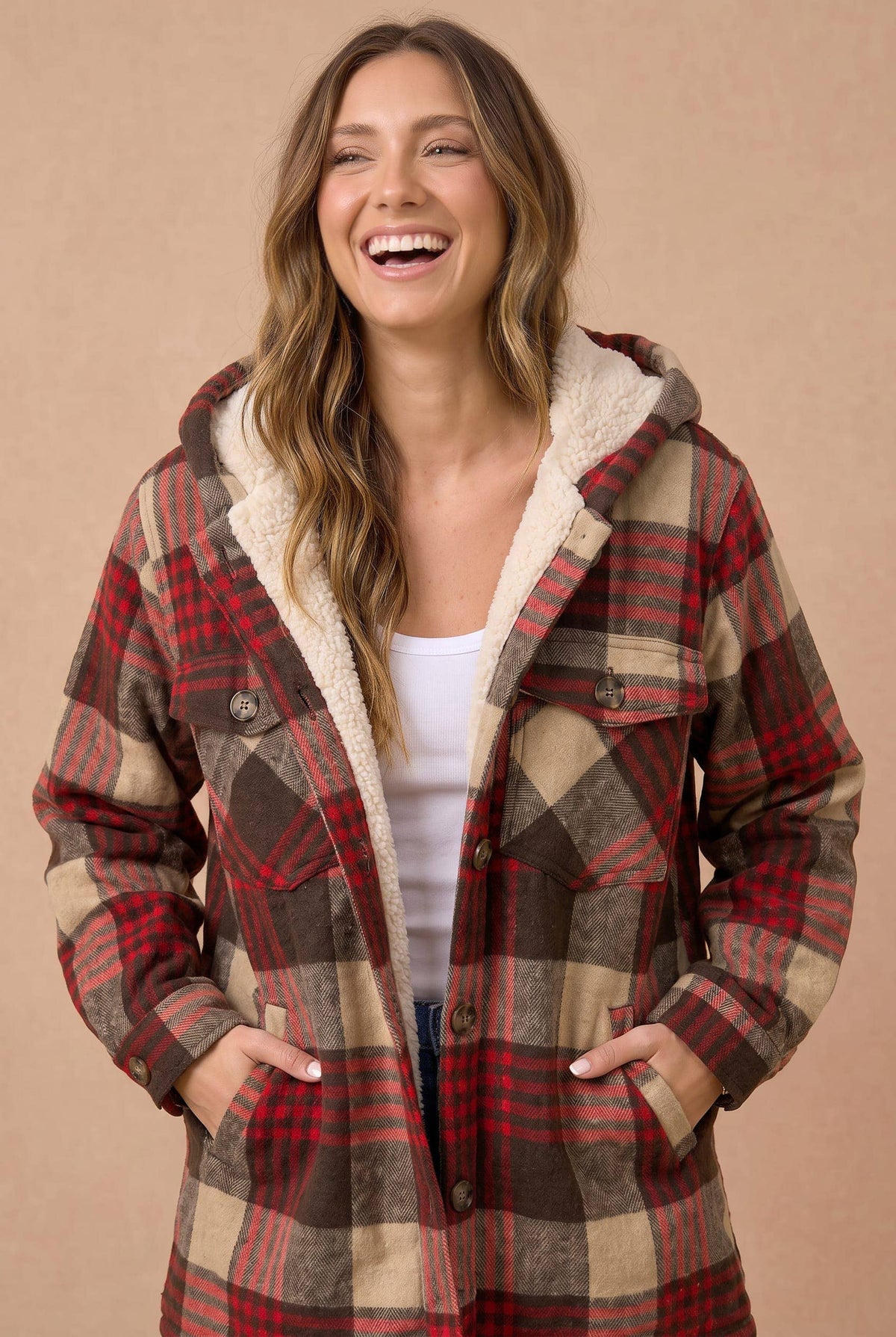 Haptics - Plaid Button Up Jacket With Fur Lined Hood: WINE / XL