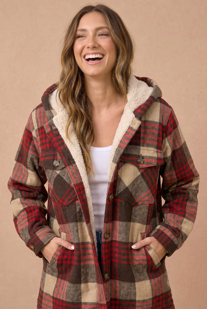 Haptics - Plaid Button Up Jacket With Fur Lined Hood: WINE / L