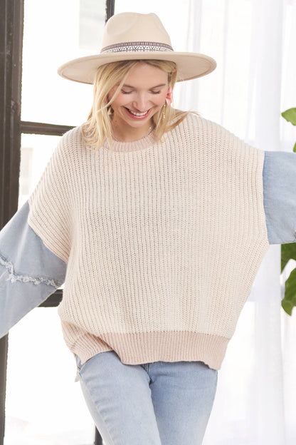 IVORY AND TAUPE FRAYED DENIM SLEEVE SWEATER TOP
