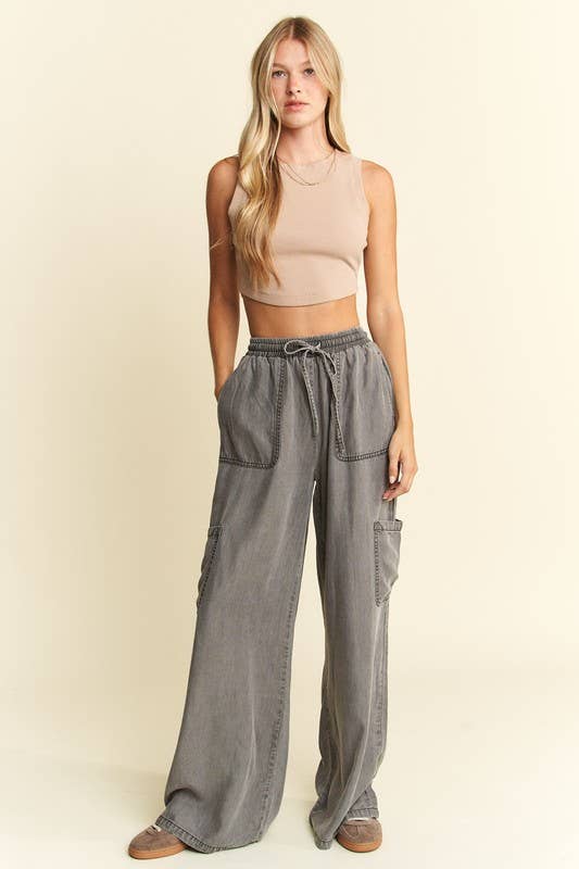 JADE BY JANE - MINERAL WASH TENCEL WIDE PANTS: CHARCOAL / S